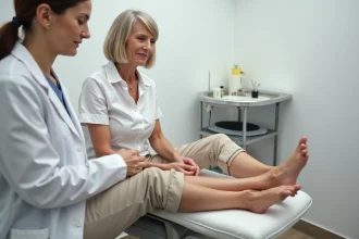 Patiente âgée d'une cinquantaine d'années consultant un podologue pour une corne au pied persistante en cabinet médical