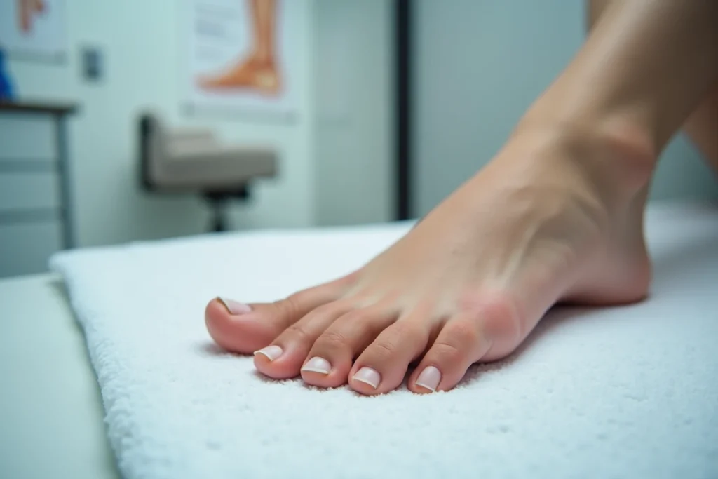 Gros plan sur une corne au pied et une callosité épaisse sur la plante du pied d'un adulte nécessitant une consultation podologique
