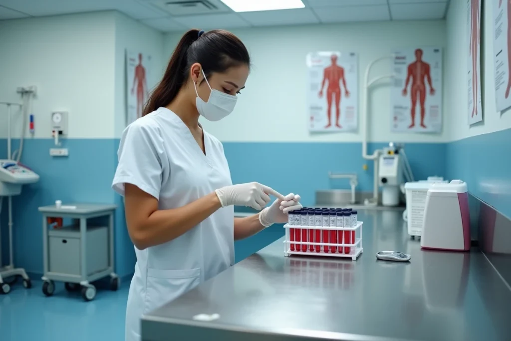 Infirmière étiquetant des tubes de prise de sang dans une salle d'examen clinique
