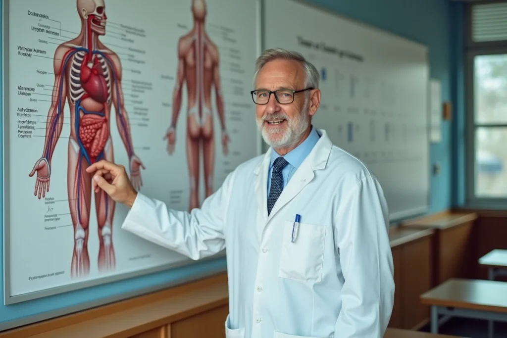 Professeur d'anatomie expliquant le système circulatoire humain devant un schéma médical