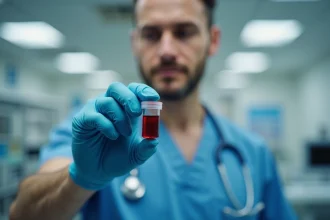 Médecin en blouse bleue tenant un tube de prélèvement sanguin dans un laboratoire médical moderne