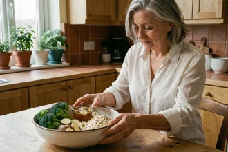 Femme préparant un repas anti-ulcère avec des aliments doux et anti-inflammatoires dans une cuisine chaleureuse