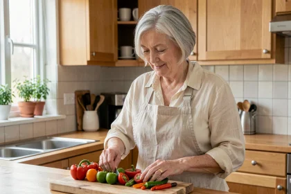 Femme retraitée préparant des légumes frais dans sa cuisine, illustrant l'importance d'adapter son alimentation après la retraite