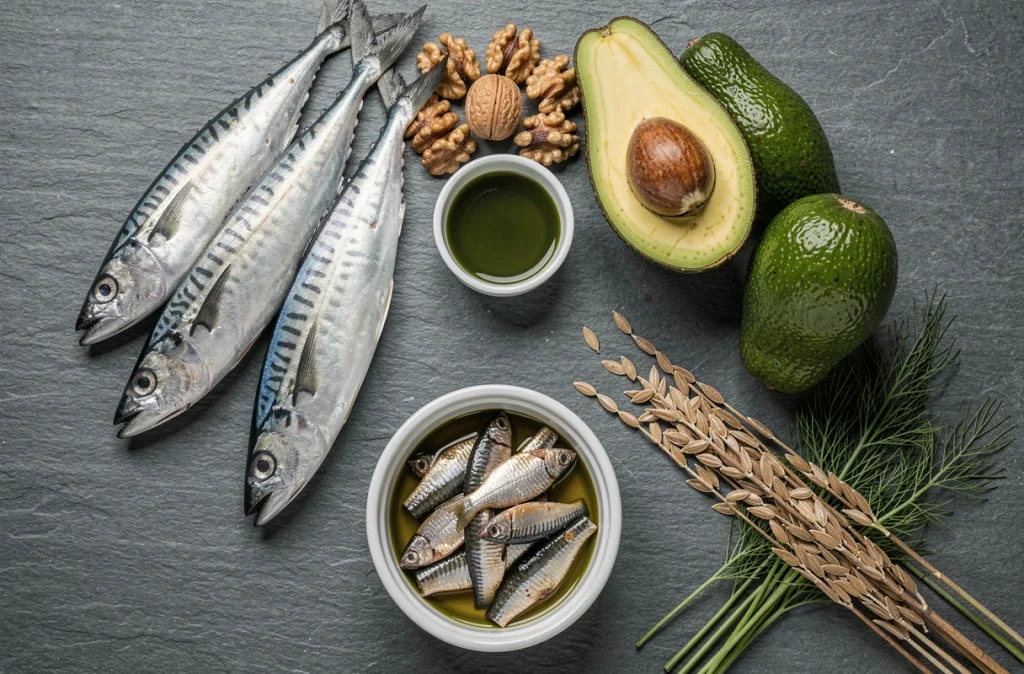 Composition vue de dessus d'aliments riches en oméga 3 : maquereau, noix, avocat, graines de lin et huile d'algues