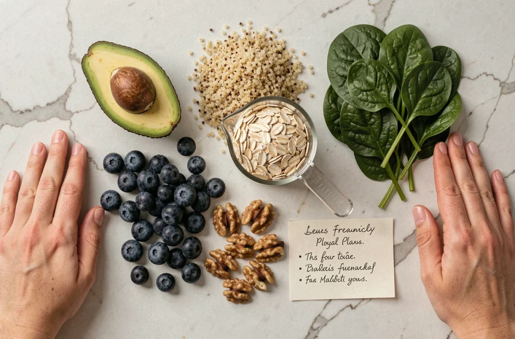 Vue de dessus d'aliments sains pour la grossesse incluant avocat, quinoa et myrtilles pour prévenir le diabète gestationnel avec un plan repas manuscrit