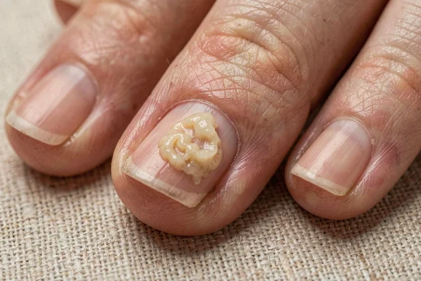 Gros plan sur un ongle de pouce abîmé et déformé chez une femme adulte, illustrant une atteinte de la matrice unguéale avec épaississement et croissance irrégulière