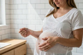 Femme enceinte dans la trentaine examinant un changement cutané sur son avant-bras dans une salle de bain moderne