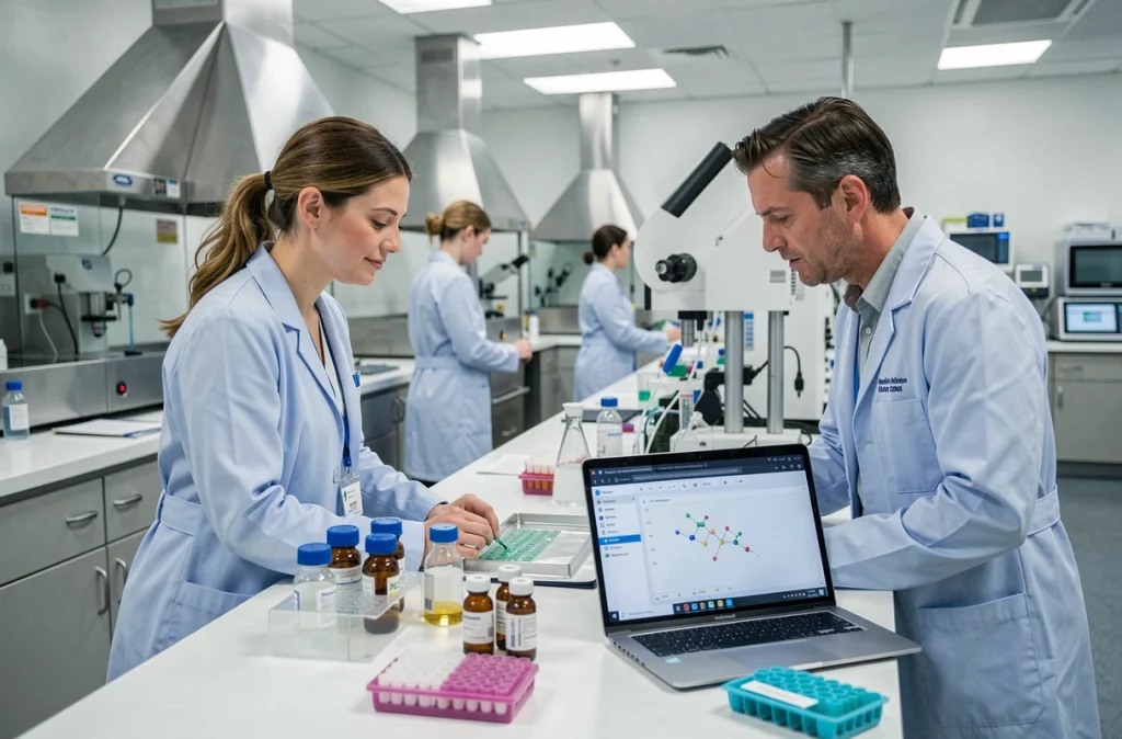 Chercheurs en laboratoire analysant des échantillons génétiques pour la médecine de précision appliquée au diabète