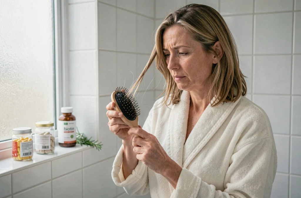 Femme examinant une brosse à cheveux avec des cheveux tombés dans une salle de bain avec des suppléments nutritionnels