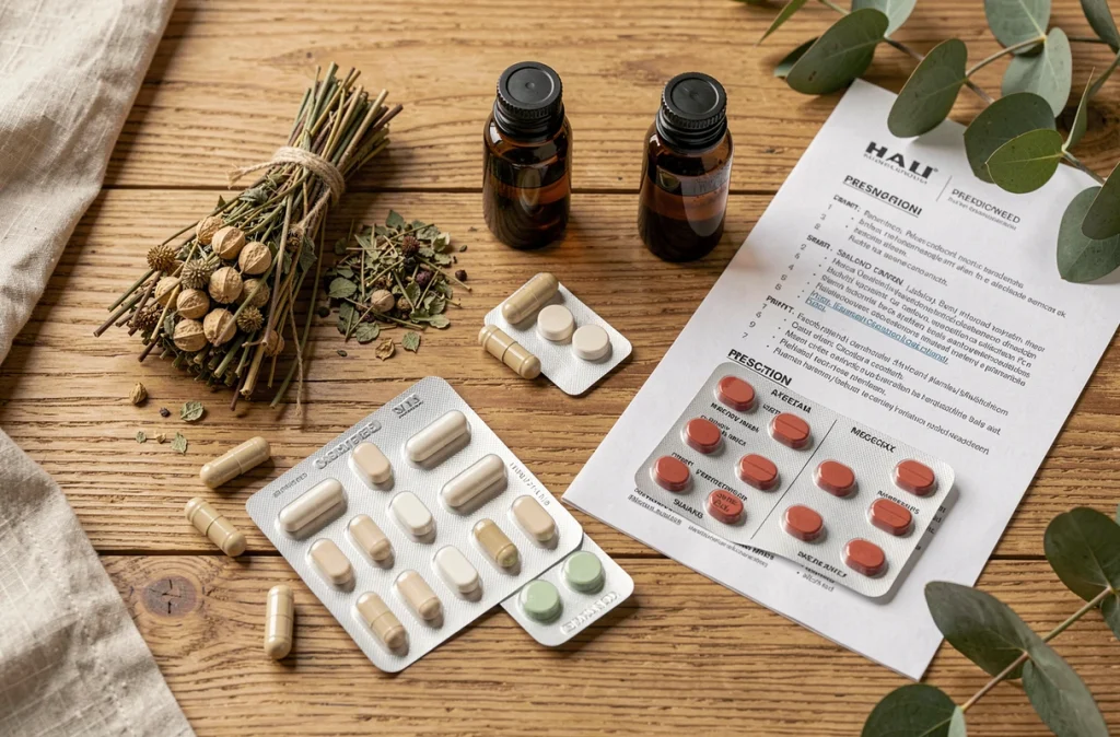 Comparaison visuelle entre produits de phytothérapie naturels et médicaments pharmaceutiques classiques sur une table en bois