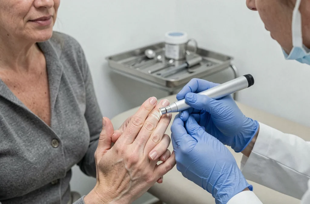Dermatologue examinant un ongle qui ne repousse plus lors d'une consultation médicale, avec dermoscope, illustrant le diagnostic d'une atteinte matricielle