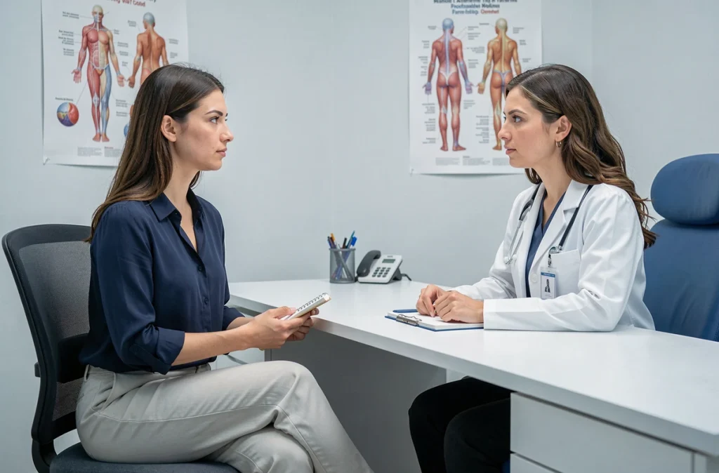 Consultation médicale gynécologique pour endométriose, patiente et médecin en discussion dans un cabinet moderne