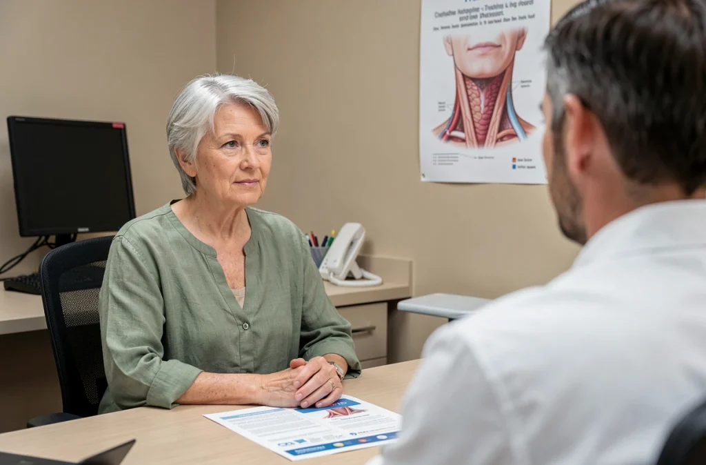 Femme de soixante ans consultant son médecin après une radiothérapie de la sphère ORL, dans un cabinet médical, échangeant sur les étapes de récupération