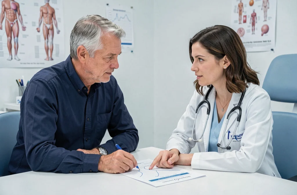 Patient adulte en consultation médicale pour l'asthme, discutant des résultats de spirométrie avec son médecin