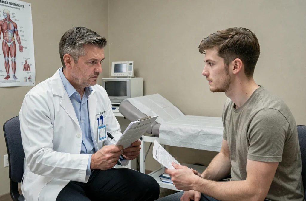 Médecin expliquant les complications possibles de la mononucléose à un patient lors d'une consultation médicale
