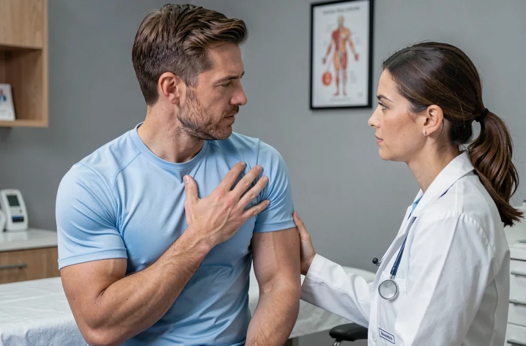 Patient en consultation médicale montrant une douleur sous l'aisselle à sa médecin dans un cabinet moderne