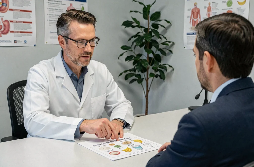 Nutritionniste conseillant un patient sur un régime alimentaire pour prévenir les récidives d'ulcère gastrique