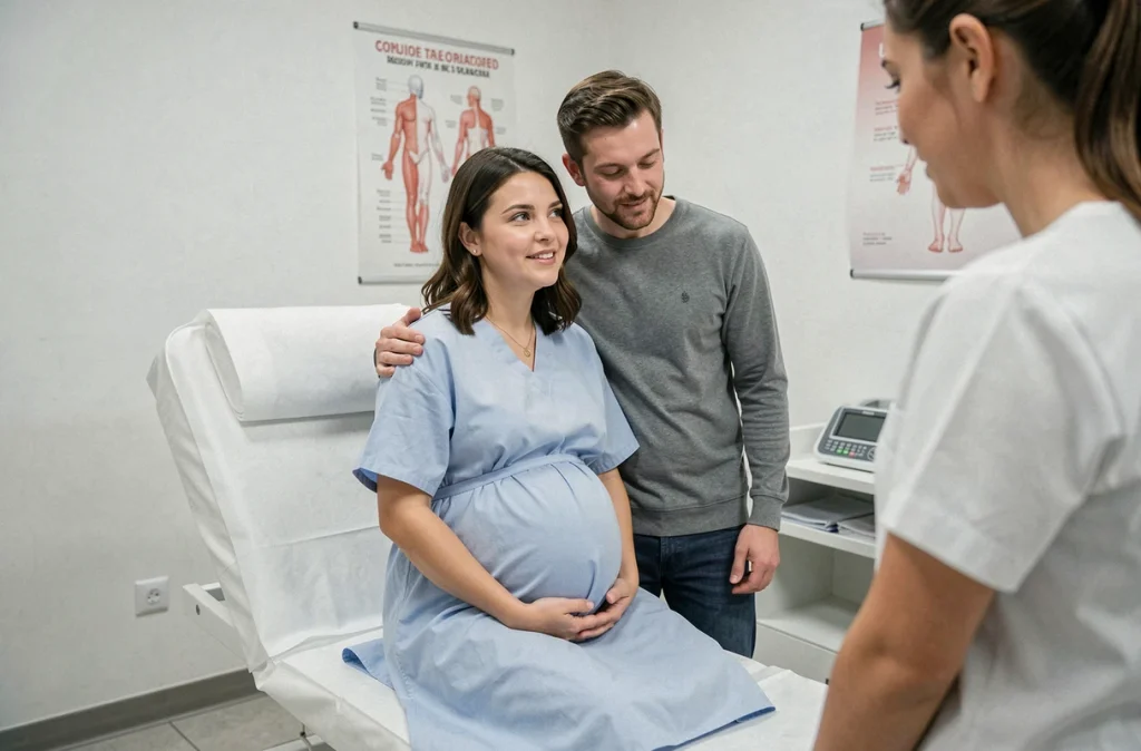 Couple attendant une consultation prénatale, le partenaire soutenant la femme enceinte auprès d'une sage-femme