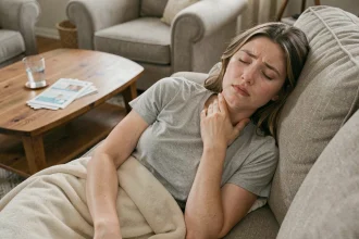 Jeune femme fatiguée allongée sur un canapé en convalescence après une mononucléose infectieuse