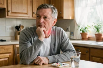 Homme d'âge mûr en convalescence après une radiothérapie ORL, assis dans sa cuisine avec un verre d'eau et un pilulier, expression sereine et fatiguée