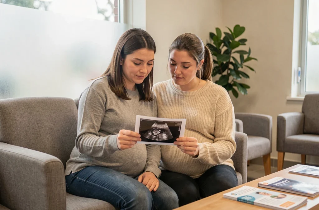 Couple de futurs parents regardant ensemble l'image d'une échographie dans une salle d'attente prénatale