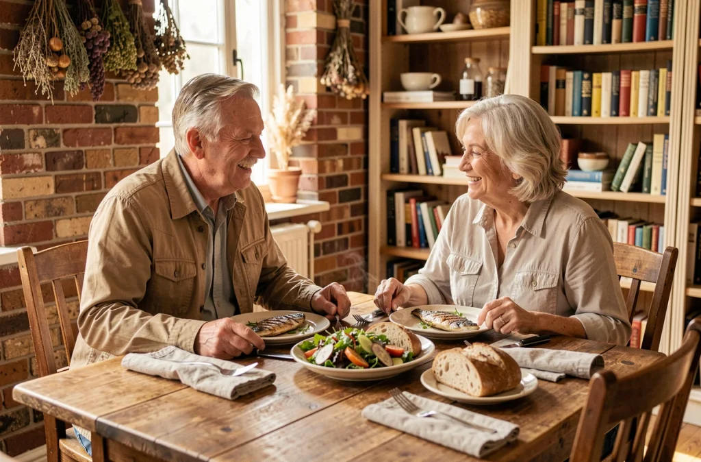 Couple de retraités partageant un repas sain et équilibré à table, symbolisant les bienfaits d'une alimentation adaptée après la retraite