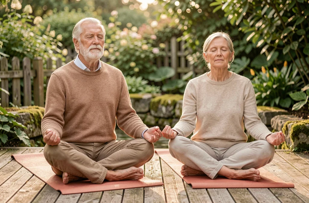 Couple de seniors méditant ensemble sur une terrasse en bois dans un jardin verdoyant pour améliorer le sommeil