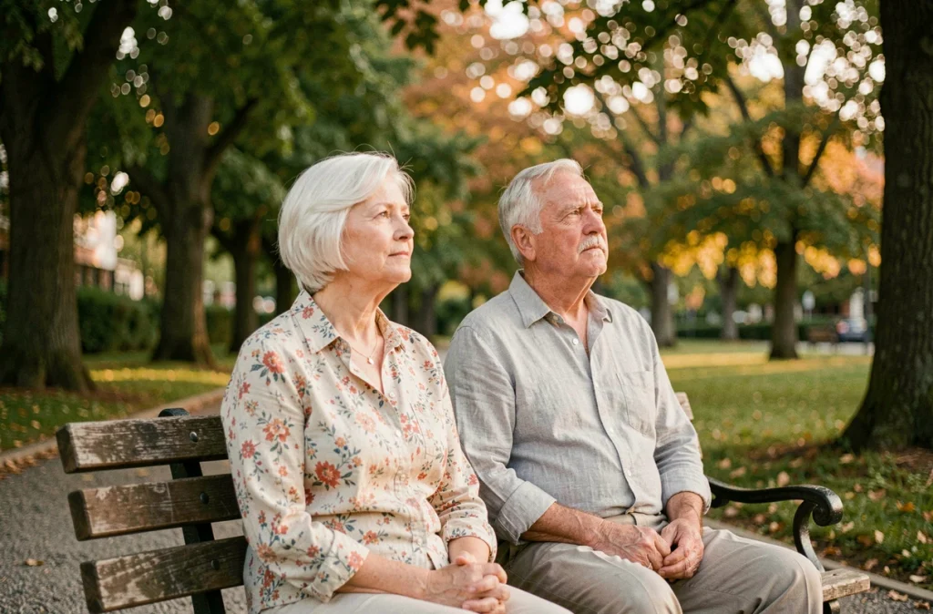 Couple de seniors faisant des exercices visuels en plein air dans un parc pour entretenir leur vue