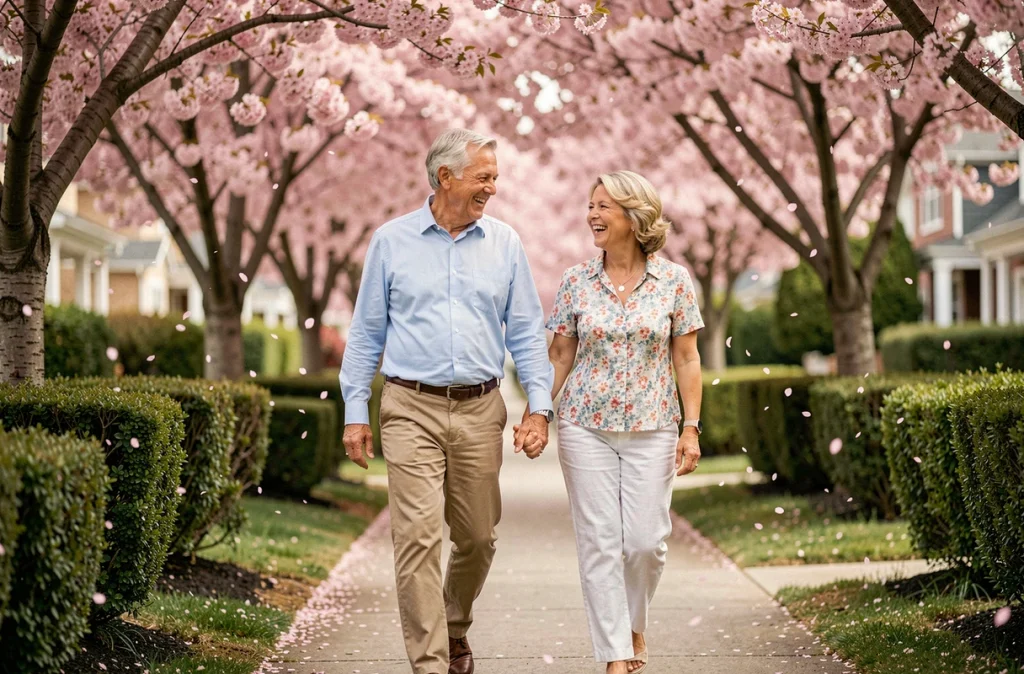 Couple de seniors marchant ensemble sous des cerisiers en fleurs au printemps, symbolisant les bienfaits de la marche pour le bien-être des personnes âgées