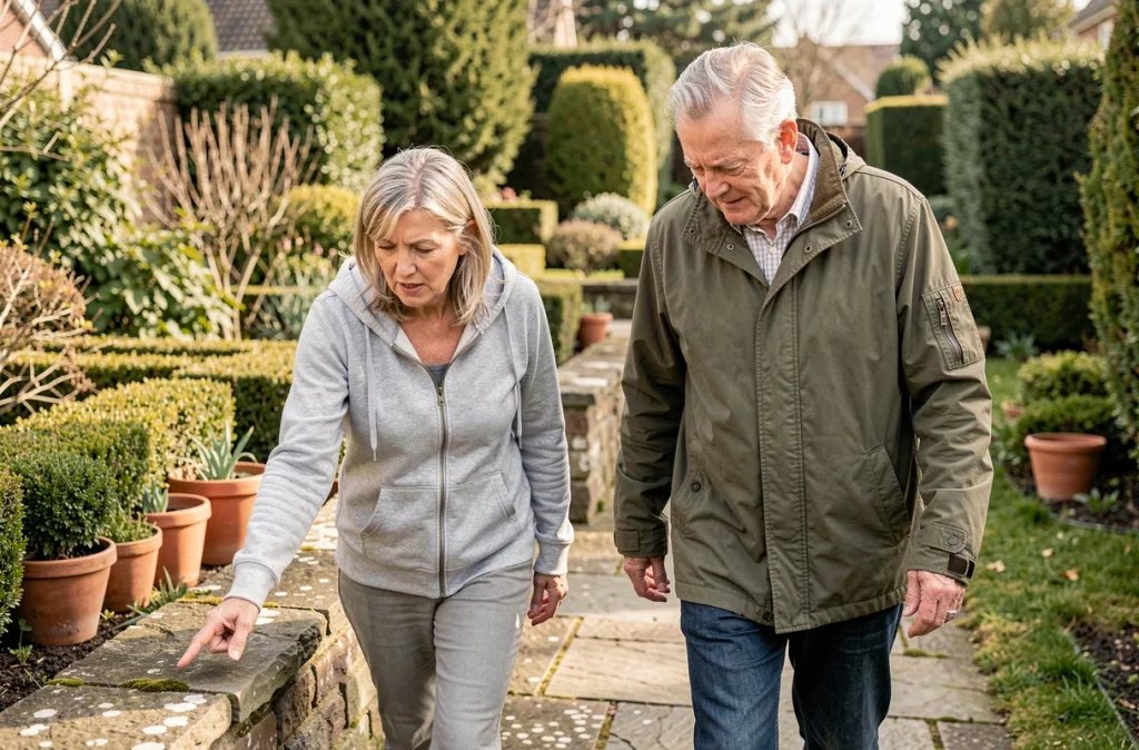 Couple de seniors inspectant les irrégularités d'un chemin de jardin pour éviter les chutes à domicile
