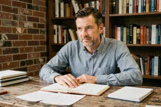 Homme en train d'écrire un avis critique sincère à son bureau, entouré de notes manuscrites et de livres