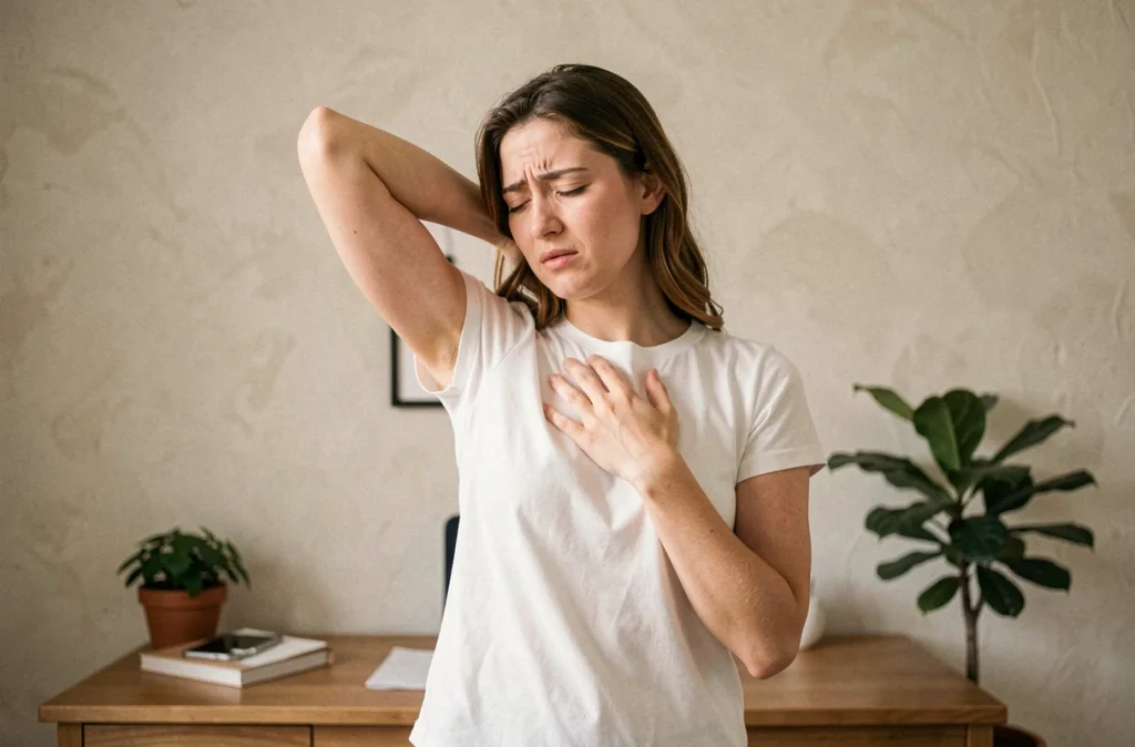 Jeune femme debout dans un bureau à domicile qui palpe son aisselle avec une légère expression de gêne