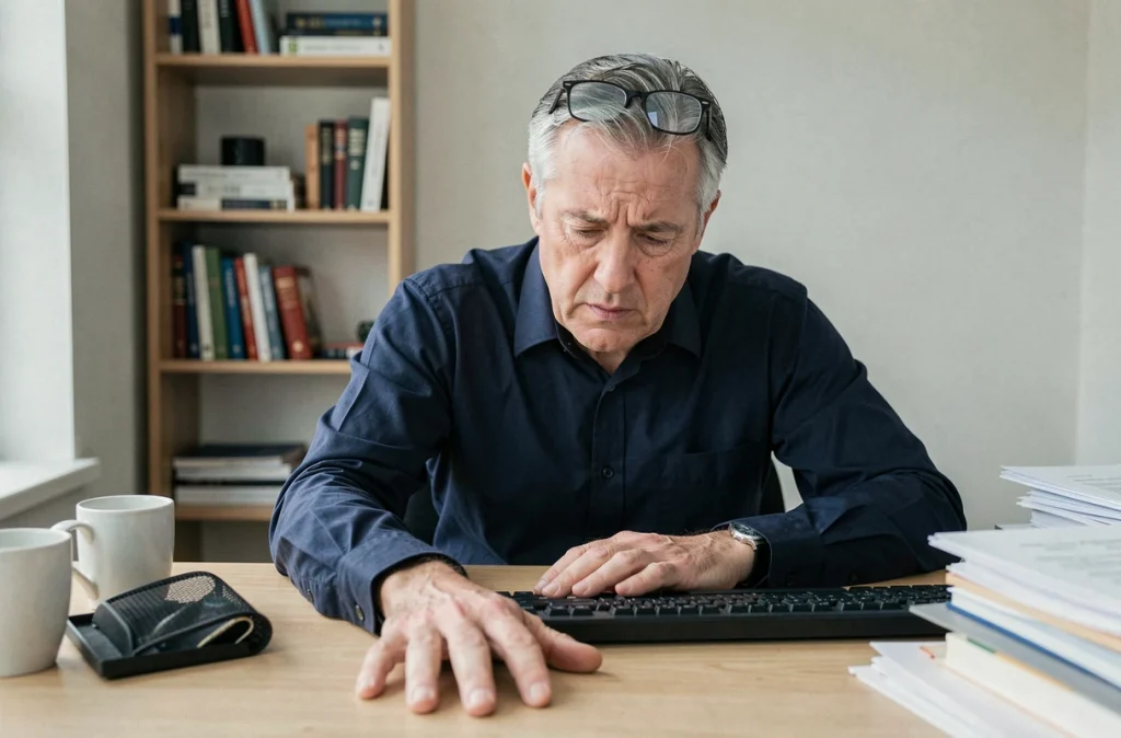 Homme d'âge mûr examinant sa main droite engourdie à son bureau, symptôme possible du canal carpien ou d'un nerf coincé