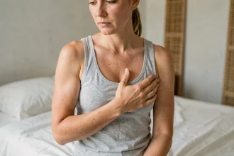 Femme tenant son côté sous l'aisselle avec une expression préoccupée, assise sur un lit dans une chambre lumineuse et apaisante