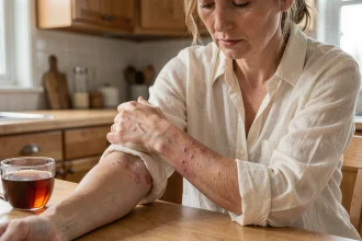 Femme adulte souffrant d'eczéma chronique sur les bras, assise à une table de cuisine, illustrant l'impact quotidien de la maladie sur la qualité de vie