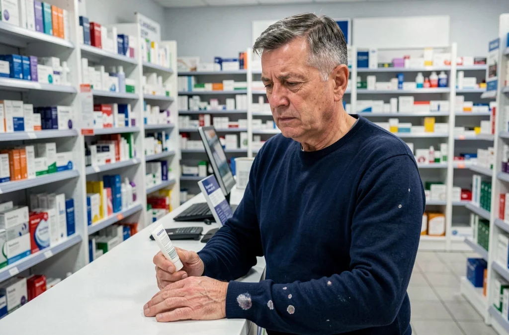 Homme adulte atteint d'eczéma chronique dans une pharmacie, tenant une crème dermatologique, représentant la gestion médicale quotidienne de la maladie cutanée