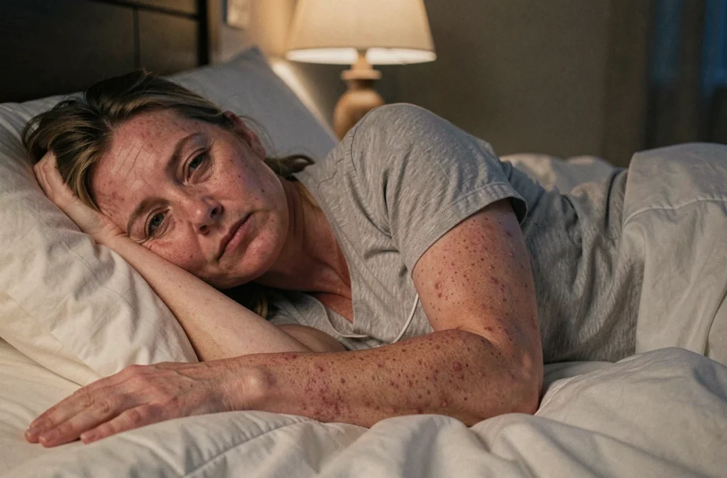 Femme adulte insomnique en raison de l'eczéma chronique, allongée dans son lit la nuit, illustrant les troubles du sommeil liés à la maladie dermatologique