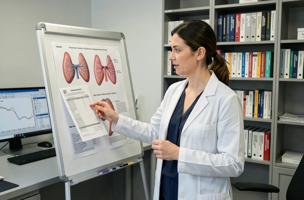 Médecin endocrinologue expliquant les causes hormonales d'une perte de poids rapide et de douleurs musculaires
