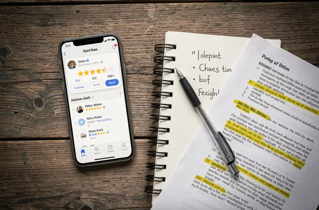 Vue de dessus d'une table avec un smartphone affichant une interface d'évaluation, un carnet de notes et un document imprimé annoté