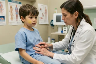 Pédiatre examinant un enfant avec des transaminases élevées lors d'une consultation médicale