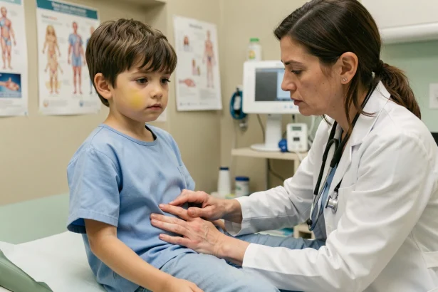 Pédiatre examinant un enfant avec des transaminases élevées lors d'une consultation médicale
