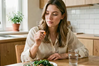 Jeune femme tenant un comprimé d'acide folique dans sa cuisine, avec un repas riche en folates en arrière-plan