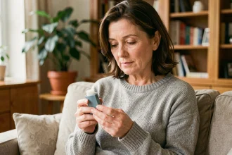 Femme adulte tenant un inhalateur pour asthme dans un salon chaleureux, illustrant la gestion quotidienne de l'asthme