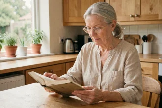 Femme âgée portant des lunettes et lisant un livre dans une cuisine lumineuse pour préserver sa vue