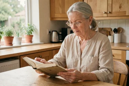 Femme âgée portant des lunettes et lisant un livre dans une cuisine lumineuse pour préserver sa vue