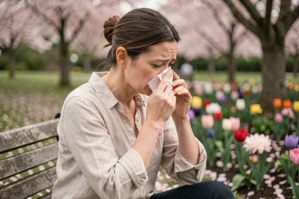 Femme souffrant d'allergies saisonnières assise dans un jardin fleuri au printemps avec des cerisiers en fleurs