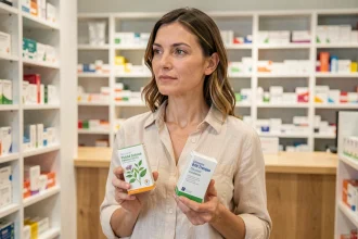 Femme comparant un produit de phytothérapie et un médicament classique dans une pharmacie moderne
