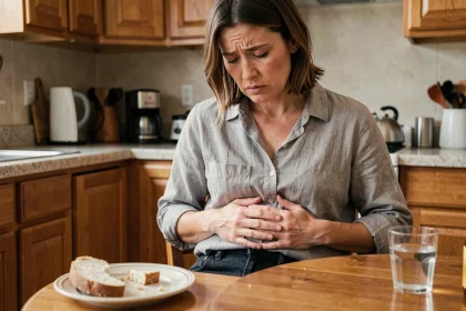 Femme souffrant de douleurs abdominales liées à la maladie cœliaque assise dans une cuisine avec du pain sur la table