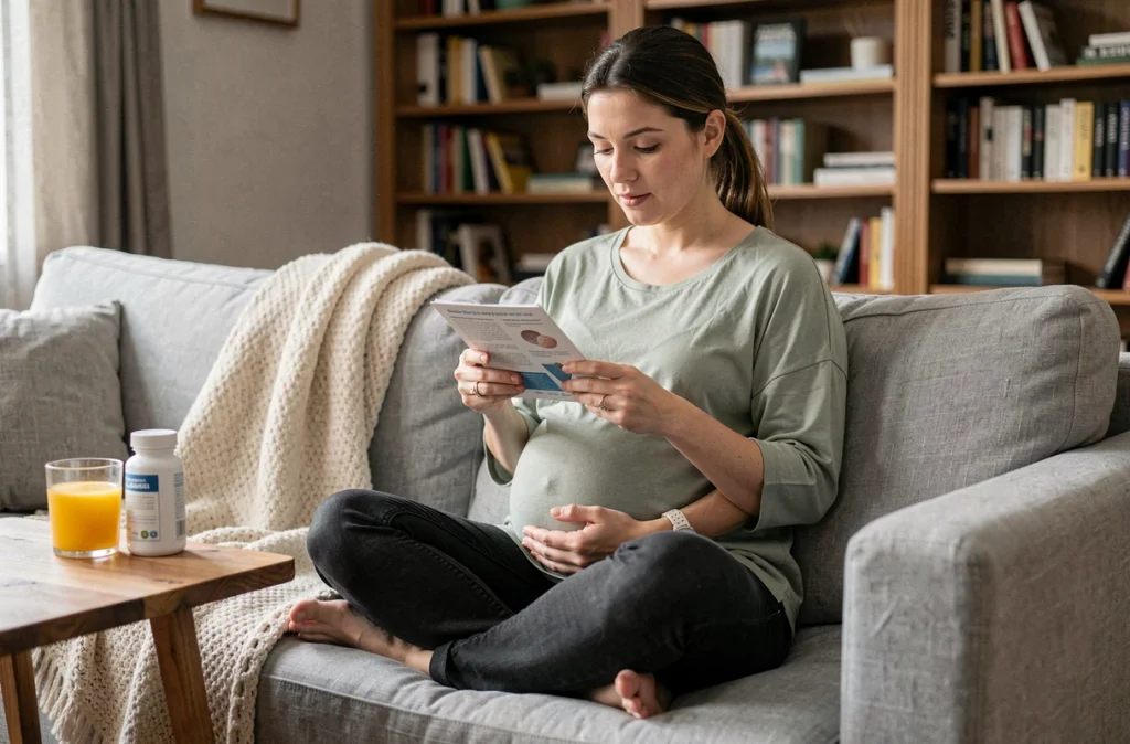 Femme enceinte lisant un livret sur la nutrition prénatale et l'acide folique, assise sur un canapé