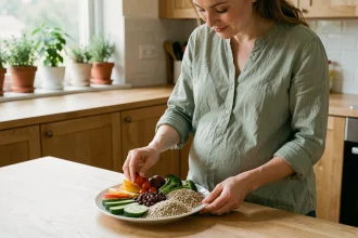 Femme enceinte préparant une assiette équilibrée avec légumes et céréales complètes pour prévenir le diabète gestationnel